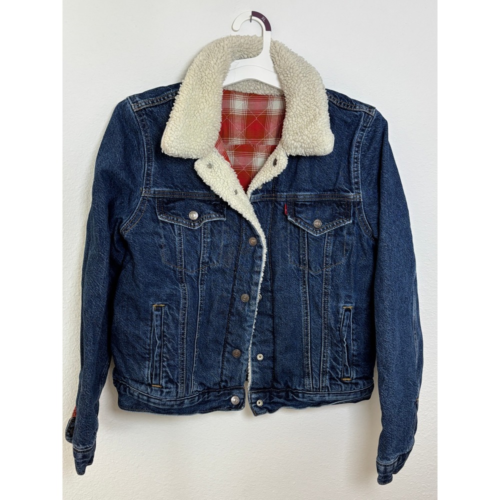 Levis Sherpa Trucker Jacket Womens Large Denim Plaid Lined Faux Fur Collar Blue